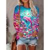 Women's Casual Long-sleeved Round Neck Top with Bright Underwater Reef and Dolphin Pattern - Medium Elastic, Machine Washable All Season Comfortable,