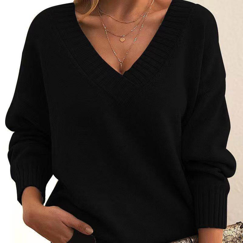 Women's Fashion Casual Solid Color Print Autumn Winter Long Sleeve V-Neck Loose Sweaters