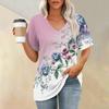 Women's Fashion Pocket V-neck Short Sleeve Plant Floral Print T-shirt Top