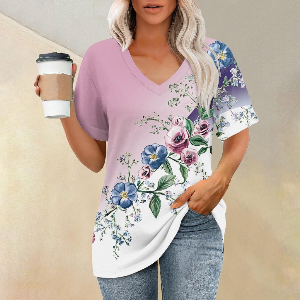 Women's Fashion Pocket V-neck Short Sleeve Plant Floral Print T-shirt Top
