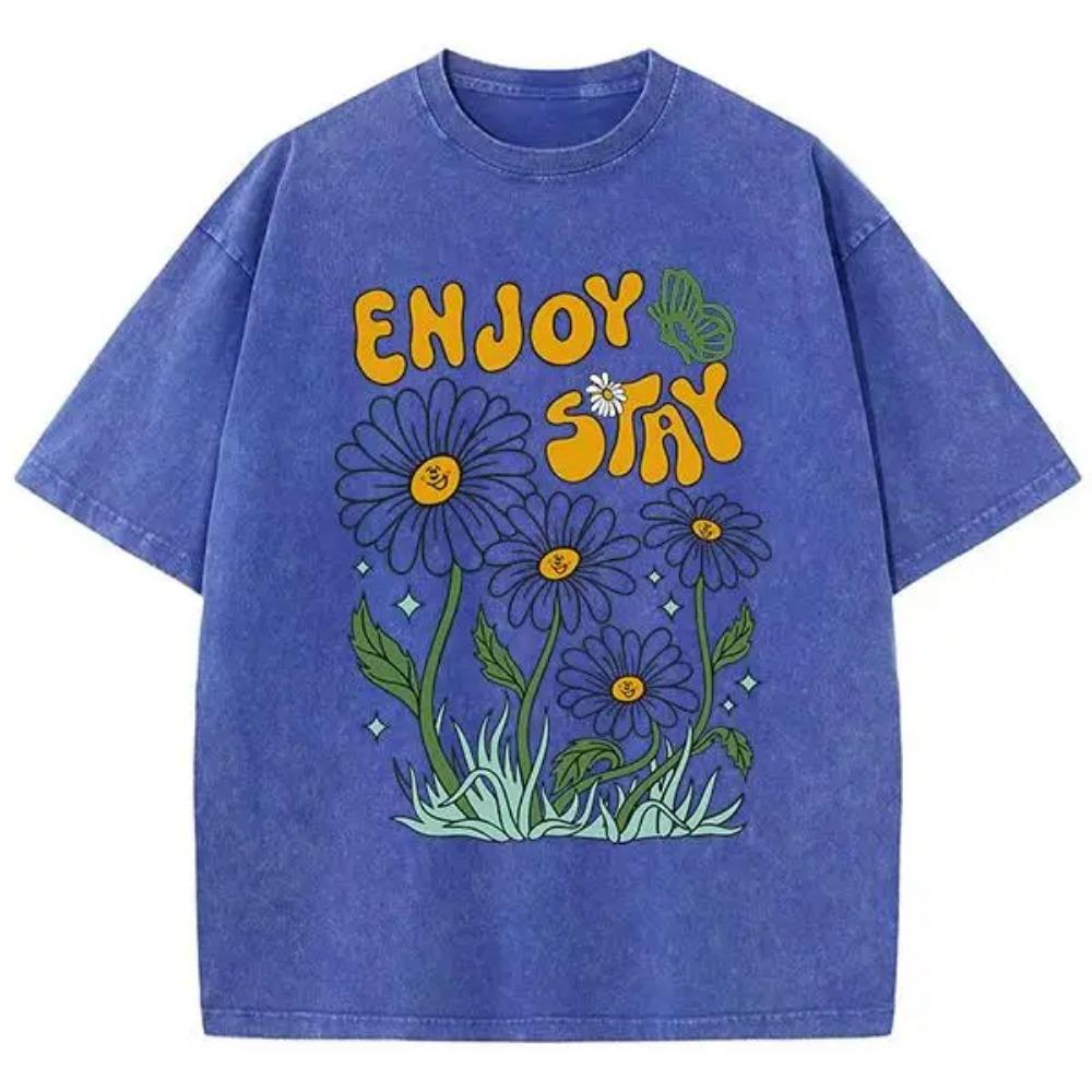 Flower Butterfly Enjoy Stay Print T-Shirt Mens Shoulder Drop Popular T Shirt Fashion Vigor Tees Normcore Streetwear
