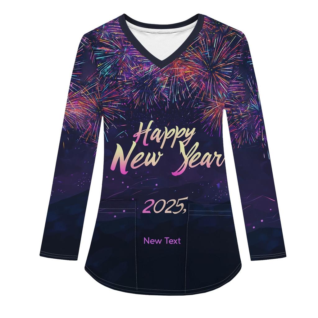 Женская модная рабочая одежда с V-образным вырезом, длинным рукавом и карманом, рождественский принт, футболка, топ