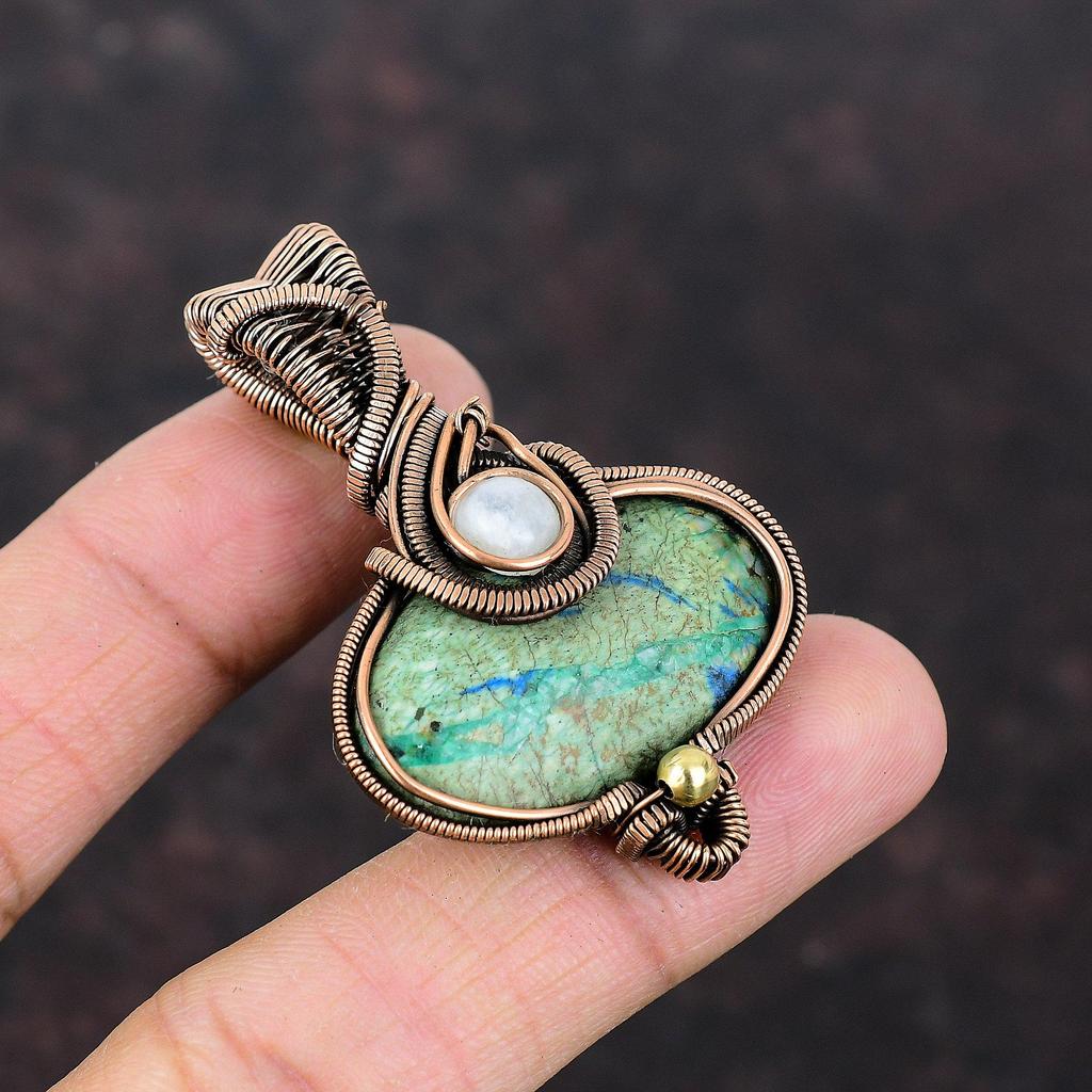Кулон с азуритом и малахитом, подвеска из радужного лунного камня, медная проволока, кулон, ювелирные изделия из настоящего драгоценного камня, подарок для женщин, медные украшения ручной работы