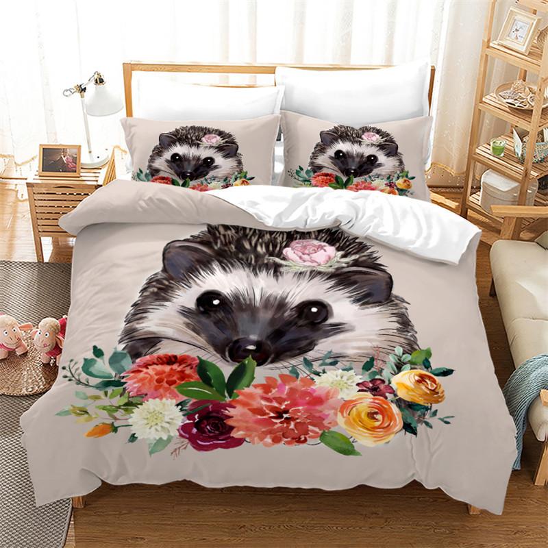 Hedgehog Bedding Set Cute Kawaii Wildlife Comforter Cover With Pillowcases For Kids Boys Girl Polyester Bedding Set King Size