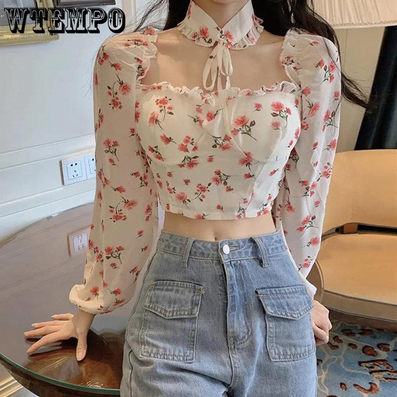 WTEMPO Y2K Floral Printed Blouses Women Tunic Chiffon Cropped Tops Spring Sweet Vintage Casual Holiday All-Match Girl's Shirts
