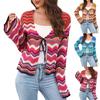 Women's Casual Fashion Comfortable Rainbow Wave Pattern Knitted Cardigan Colored Stitching Striped Sweater