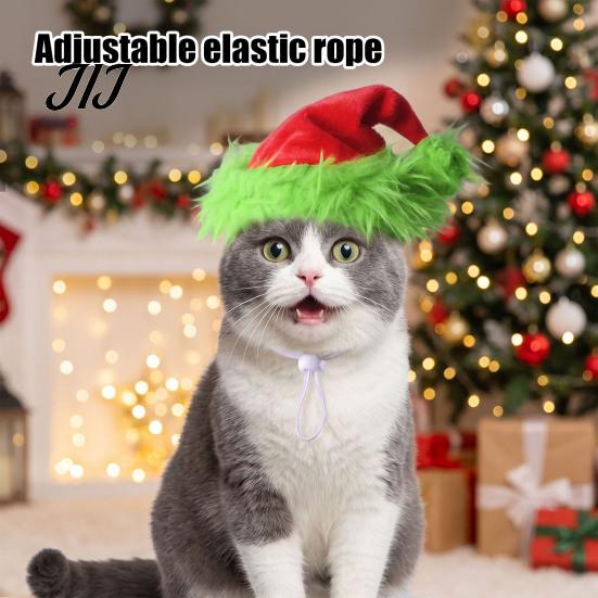 Cat Kitten Puppy Hat Christmas Pet Hat, Plush Dog with Fuzzy Green Trim, Santa Soft Skin Friendly Cap Adjustable Elastic Band for Cats Dogs
