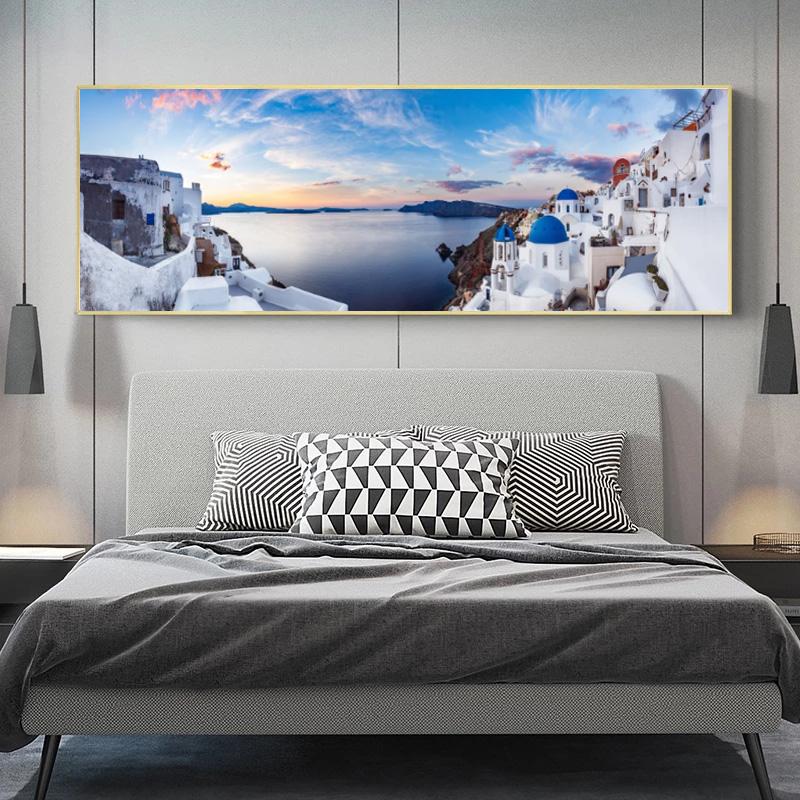 Greek Village Posters Santorini Landscape Painting Canvas Prints Wall Art Pictures for Living Room Sunset Sea Cuadro No Frame