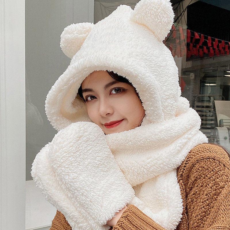Cute Bear Ear Hat Scarf Gloves Set Winter Women Novelty Caps Warm Casual Plush Hats Casual Solid Fleece Girl Kawaii Accessories