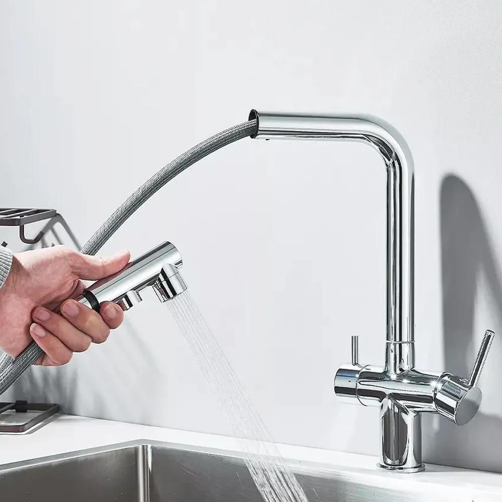 Kitchen Pull-out Filtered Faucet Black Brass Purifier Faucet 360 Rotation Dual Sprayer Drinking Water Tap Vessel Sink Mixer Tap