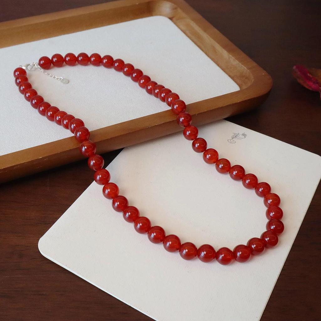 Natural Red Agate Beaded Necklace Women Vintage Round Carnelian Choker Necklaces Elegant Daily Wear Jewelry