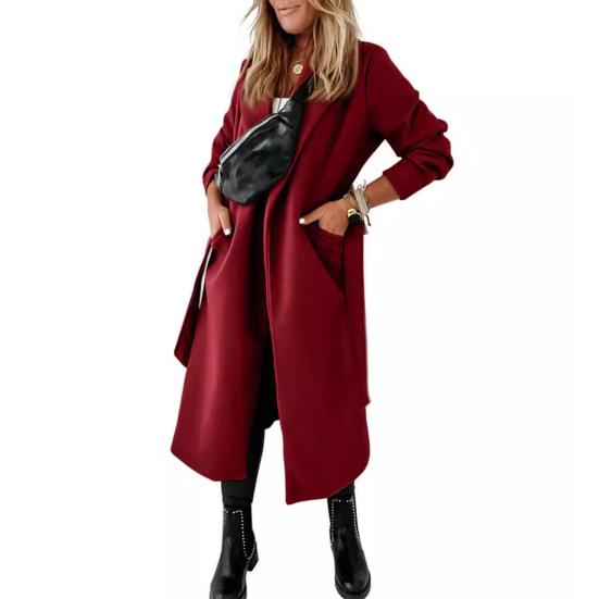Зимнее шерстяное женское пальто с поясом на шнуровке, свободное однотонное пальто с отложным воротником, кардиган с длинными рукавами, средней длины, куртка для свиданий и поездок на работу