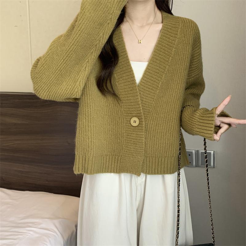 V-neck Fashion Women One Button Cardigan Short Sweater Autumn /Winter Long Sleeve Knitted Jackets Solid Color Elegant Loose Office Basic Casual Coats