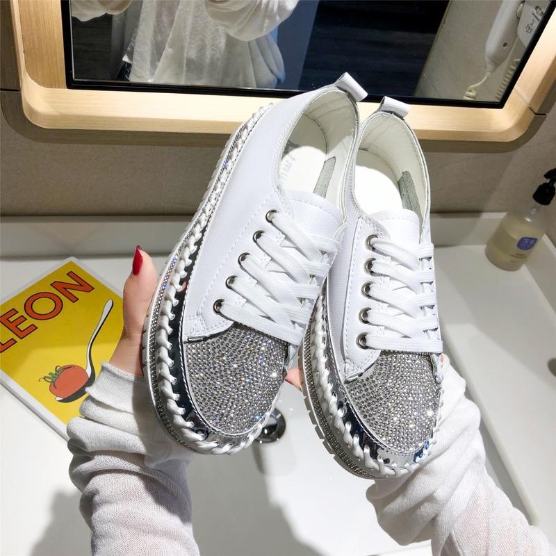 Women Round Toe Rubber Flat Shoes Crystal Casual Comfortable Platform Sneakers Spring Autumn Rhinestone Platform Platform Shoes