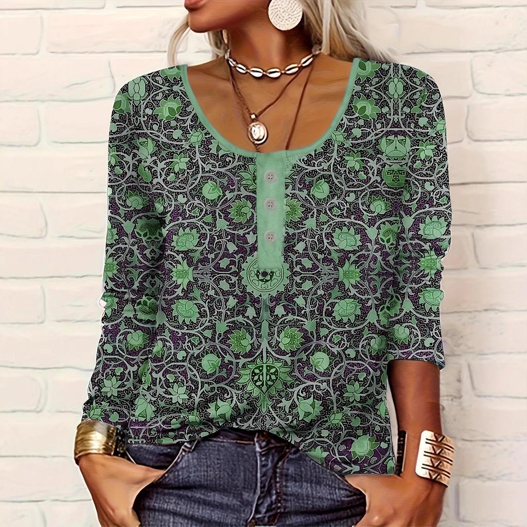 2025 Женская футболка с V-образным вырезом, этническим принтом, на пуговицах, большого размера, повседневная