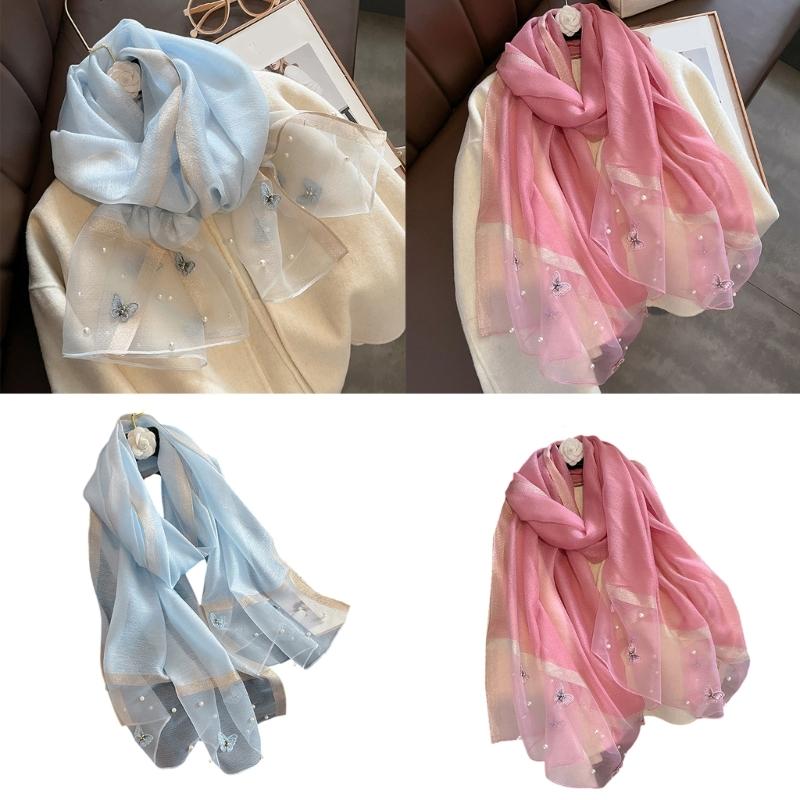 Elegant Embroidered Butterfly Silk Scarf For Women Lightweight Polyester Hijab Shawl Wrap Stole Accessory Gift