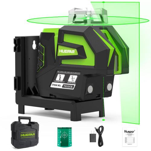 Huepar 7211G Green Line Laser Level with Automatic Leveling, High Brightness, 360 & 140 Line Output Angle, Ground Plumbing, Plumb Point, L-Shaped Ma