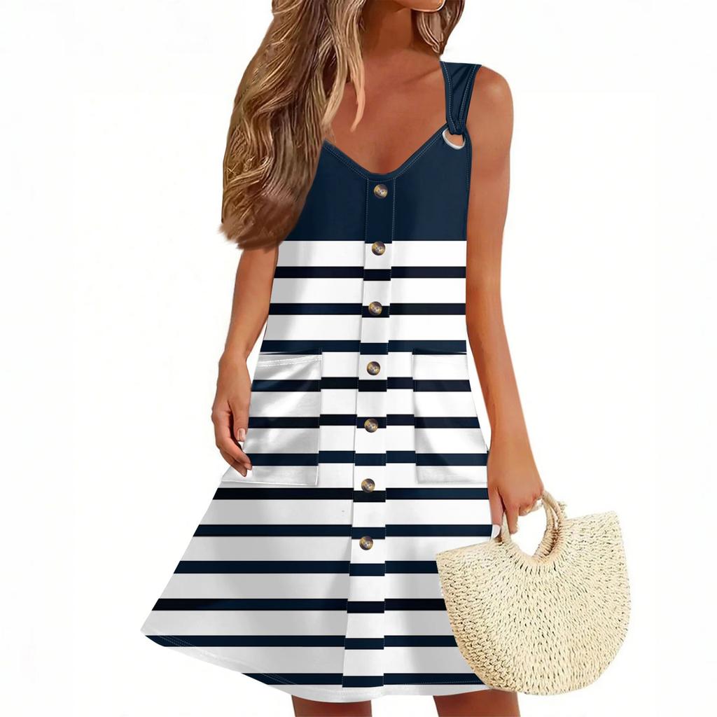 Женское летнее платье с карманом, без рукавов, сарафан с полосатым принтом
