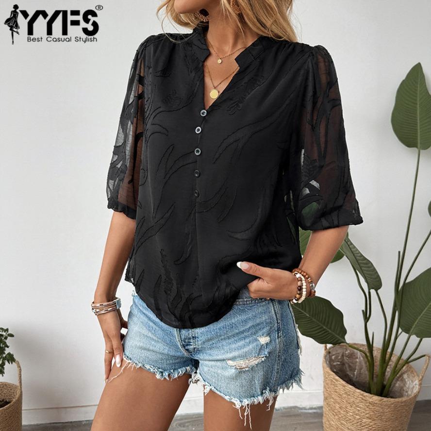 YYFS Women's Fashion Casual Summer Spring Solid Color Print 1/2 Sleeves V-Neck Blouses & Shirts