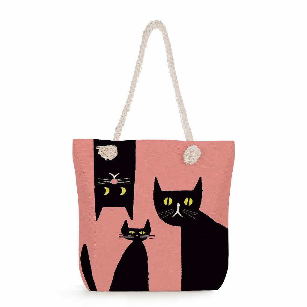 Cat print thick rope single-shoulder beach bag 7215 KTB