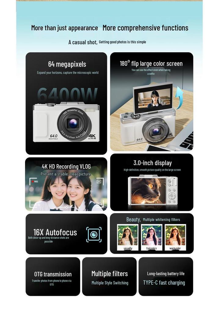 New Student 6400W HD Multifunctional Digital Camera with 180° Flip Screen