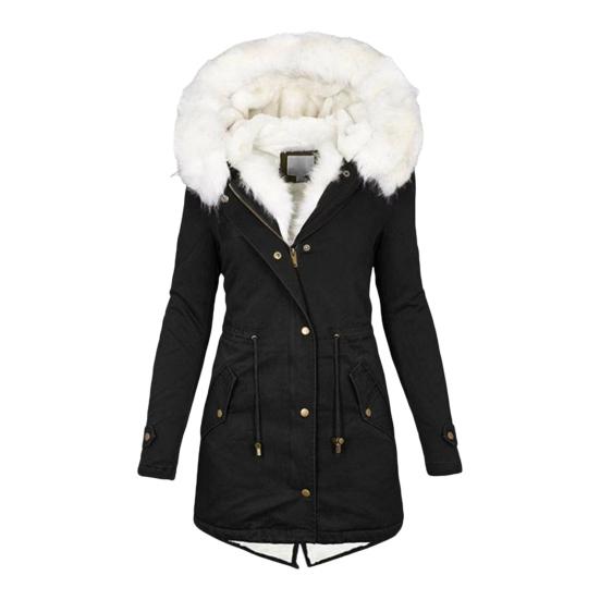 Women Winter Cotton Coat Plus Size Faux Fur Hood Fleece-lined Zip-up Press Button