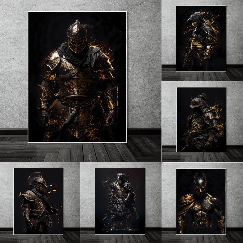 Черный и золотой самурай, средневековый воин в доспехах, фигурка, холст, настенные художественные картины, напечатанные современные классические ретро-роскошные художественные плакаты, украшения для дома