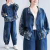 Denim Sets Spring Autumn Women Floral Print Denim Jacket And Jeans 2 Piece Set Vintage Large Size Elastic Waist Jeans Suits