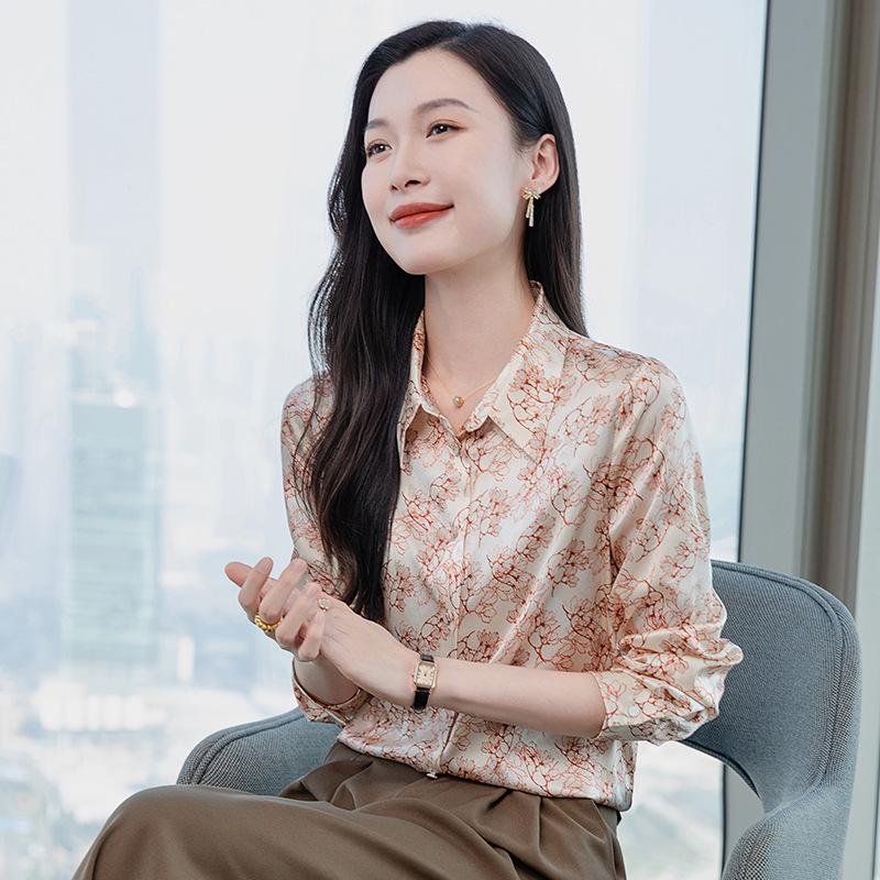 Женская рубашка из шелка-мальберри с принтом 2025: Приталенный, модный топ из натурального шелка для весны и осени