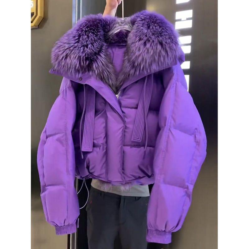 Winter Warm Purple Coat for Women Thick Faux Fur Collar Jacket Cold Weather