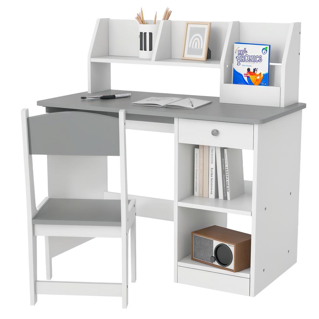Children's Desk with Ergonomic Chair, Keyboard Tray, Drawer, Shelves, 90 x 45 x 90 cm, Grey