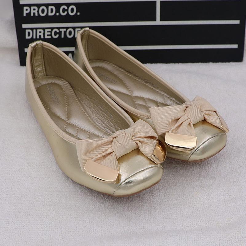 Модная женская обувь на плоской подошве Весна Осень 2025 Новые плоские туфли-лодочки с бантом Квадратный носок для беременных Женские балетки Золотой Большой размер для женщин