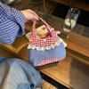 Korean Artistic Retro Plaid Handbag with Lace Trim In Red & Blue