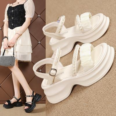 Спортивные сандалии на толстой подошве, женские, летние, с жемчужной пряжкой на ремешке, повседневные пляжные сандалии, модная женская летняя обувь, дышащая для жаркой погоды