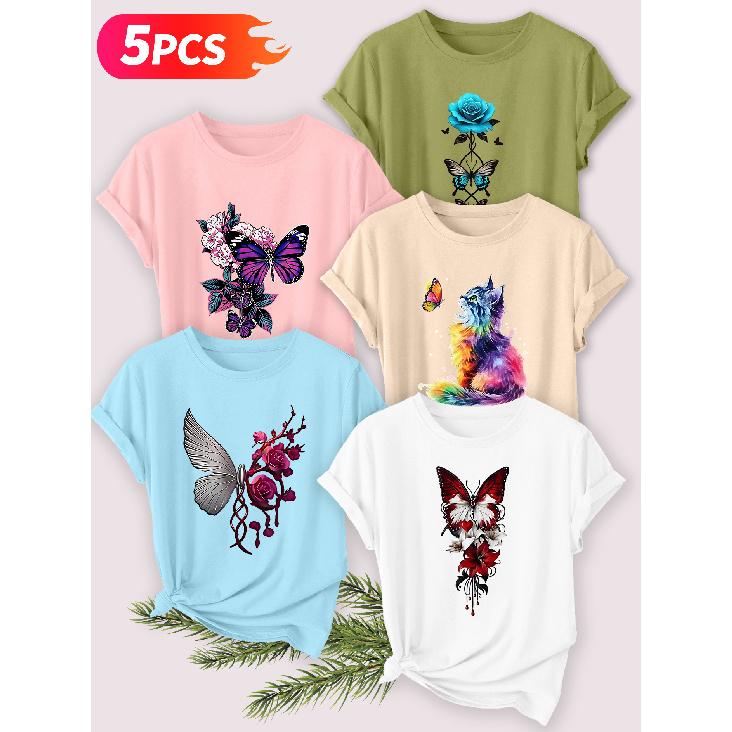 Five-piece set Elegant short-sleeved shirt for women Butterfly and floral series printed round-neck women's short-sleeve shirt suitable for spring