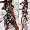 HNXC Fashion Women Casual Loose O-Neck Butterfly Sleeve Floral Print Dress