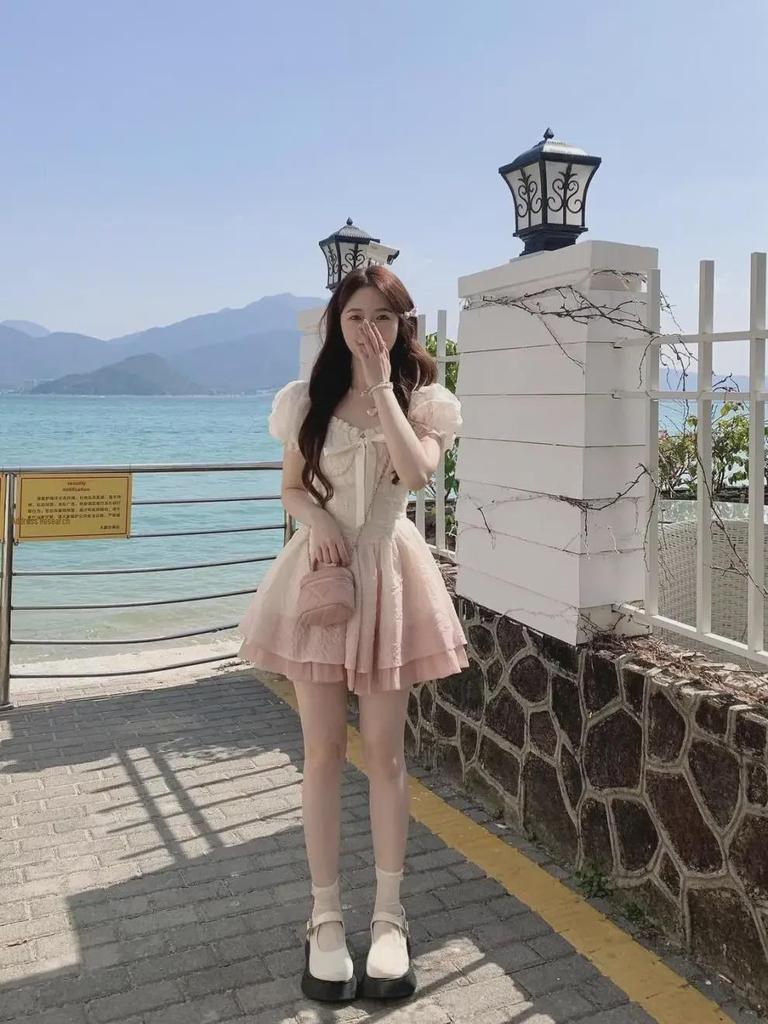 2025 Sweet Gradient Princess Puffy Dress - French Summer Style, Slim Waist