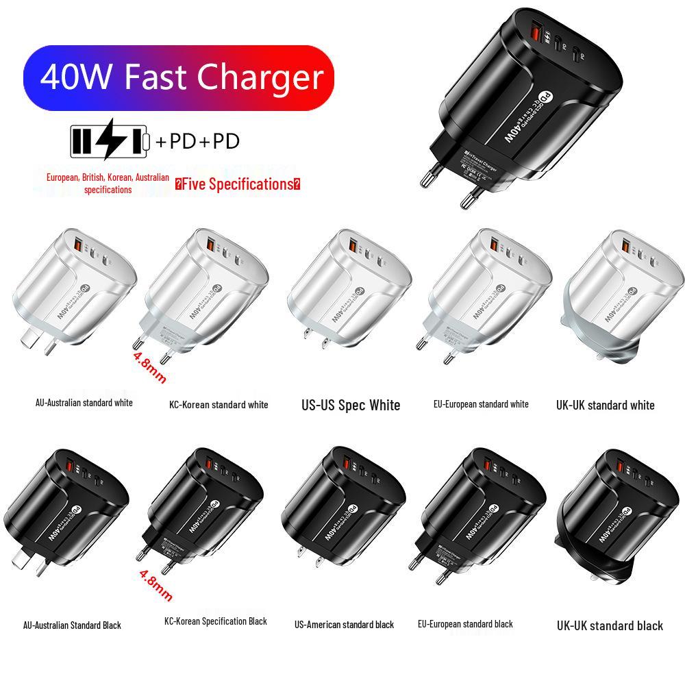 Светодиодное дорожное зарядное устройство с двумя портами: 2,4 А USB и 2 Type-C PD для устройств ЕС/США