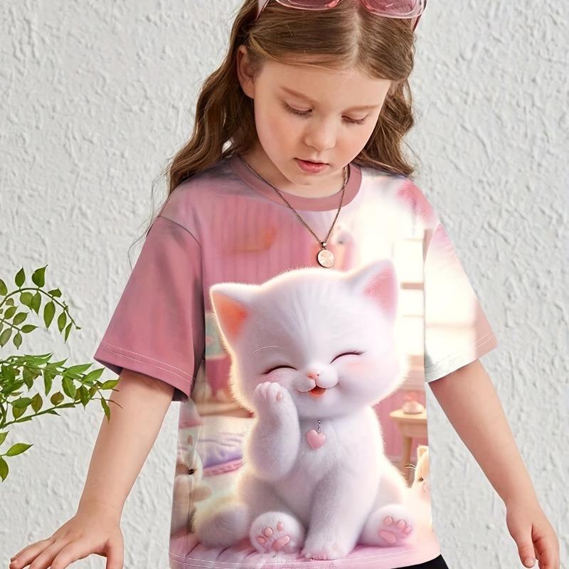 Детская одежда Одежда для девочек Футболка с коротким рукавом для девочек с принтом животных из мультфильмов Повседневная футболка с круглым вырезом для девочек Летняя детская одежда