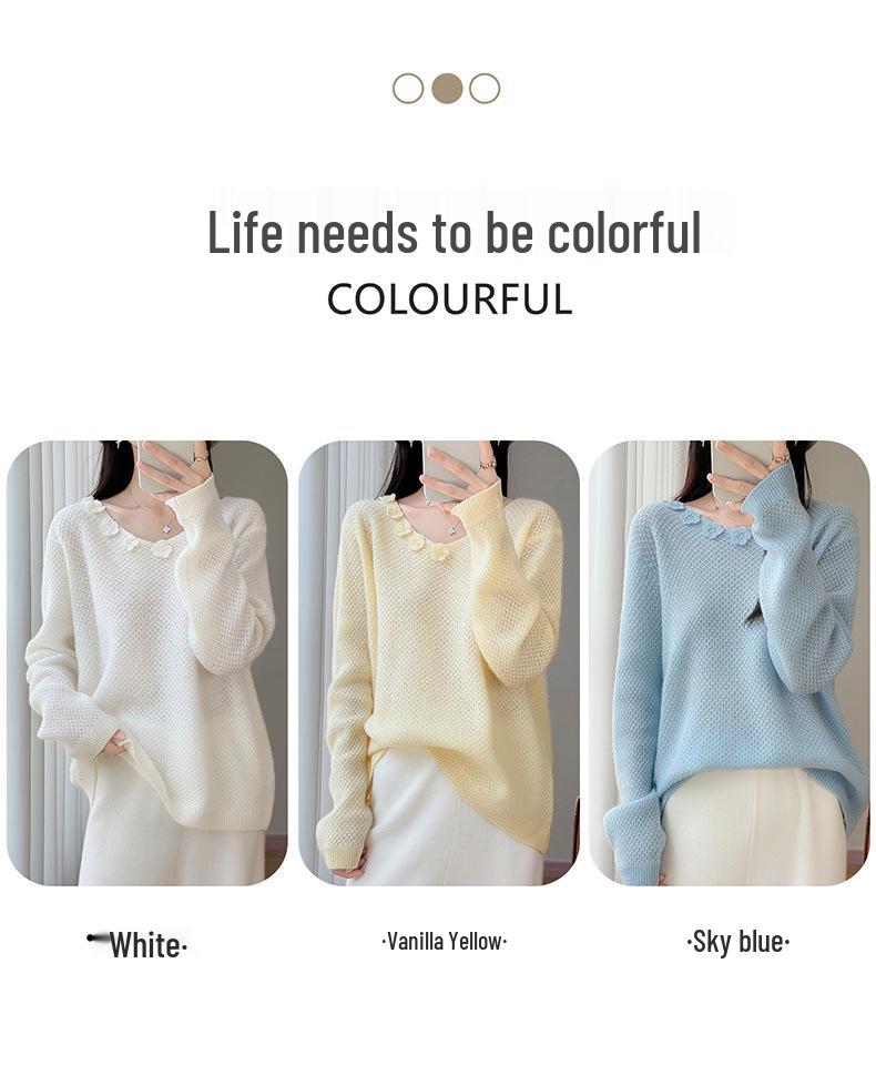 100% Silk Wool French Floral Patchwork Collar Sweater - Women's Autumn Winter Crochet Knitwear, Lazy Style