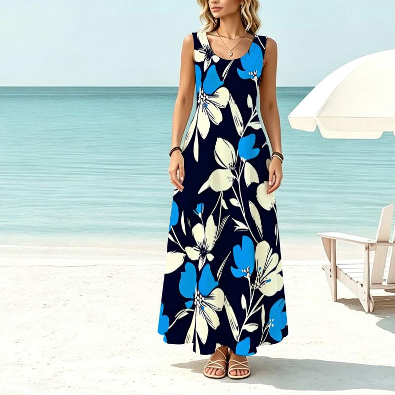 Women's U-Neck Sleeveless Maxi Dress,Fresh Floral Print,Flowy Lightweight Swing Hem Ideal for Beach Vacation,Daily Home Casual Summer Outfit
