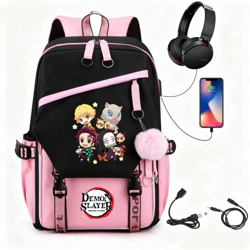 Anime Printed Canvas Backpack With USB Charging Port Teens Students School Travel Unisex