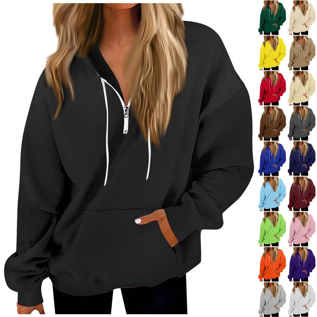 Women's Casual Fashion Long Sleeve Solid Color Zip Pullover Hoodies Sweatshirt Top