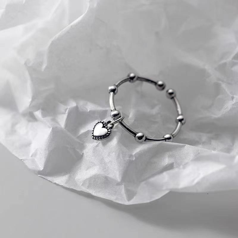 Серебряное кольцо S925 в ретро-стиле, регулируемое, геометрическое, в форме сердца, для женщин: Японско-корейский стиль с акцентом из легких бусин