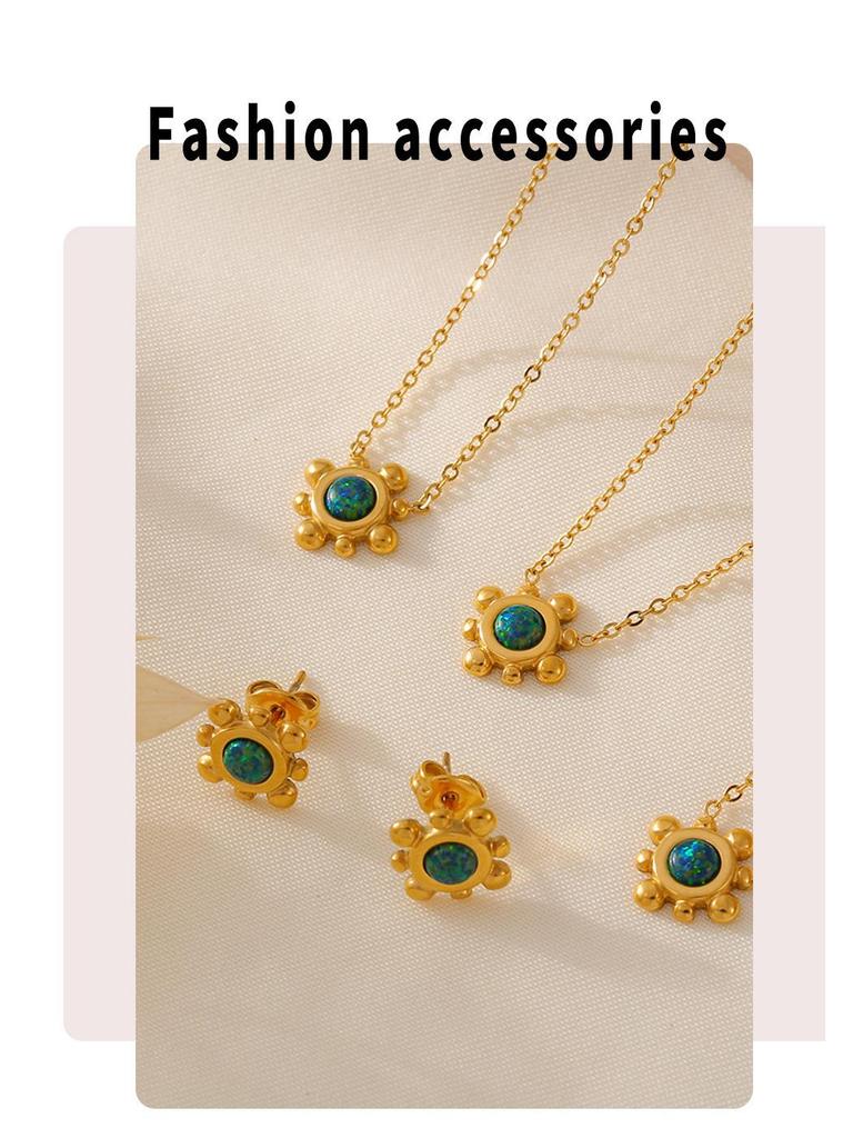European & American Sunflower Gemstone Earrings & Clavicle Necklace Set, 18K Gold-Plated Titanium Steel