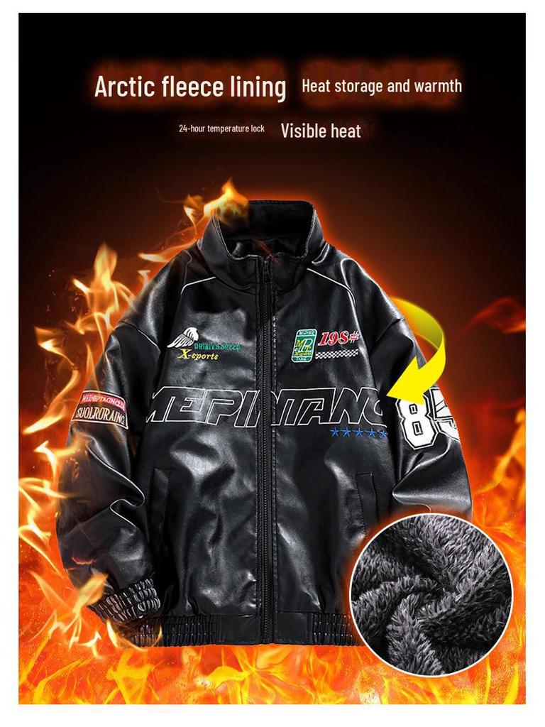 Мужская зимняя куртка 2024 года из искусственной кожи с вышивкой и воротником-стойкой — модный и повседневный американский стиль