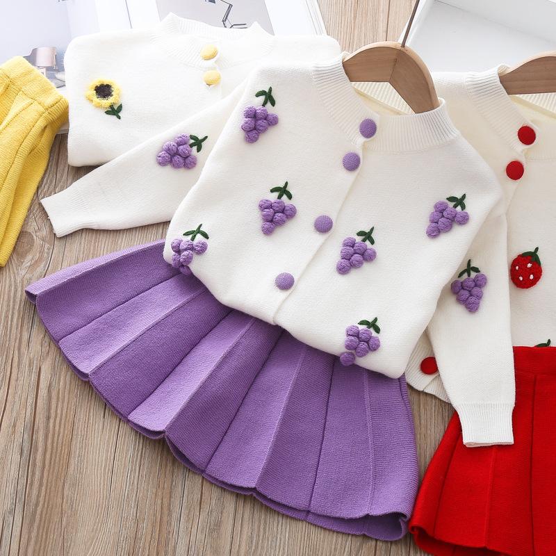 Girls Long Sleeve Knit Suit Christmas Autumn Winter Girls Sweater Cardigan Knit Top + Skirt Two Piece Set