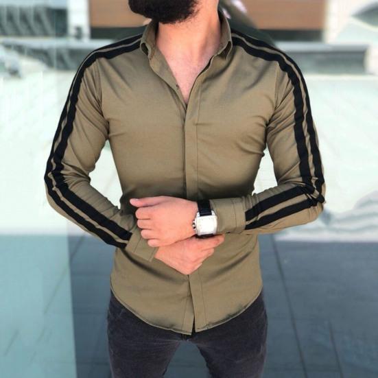 Long Sleeve Turn-down Collar Men Shirt Button Cuffs Side Striped Slim Office Shirt Leisure Clothing