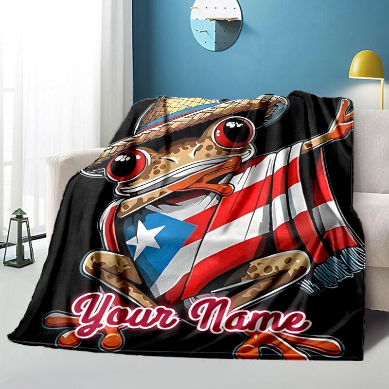 1PC Custom Name Frog Puerto Rican flag. outdooor Flannel blankets Throw Blanket All-Season Throw Gift Bedspread for Couch, Bed, Camping Holiday Birthd
