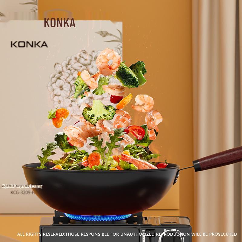 Чугунный вок Konka большого объема с антипригарным покрытием - износостойкая сковорода для стир-фрая с плоским дном